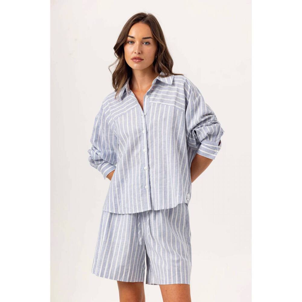 NEW SUNDAYS saffron pull-on shorts in slate linen stripe